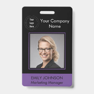 Employee Photo ID Badge   Black & Purple   QR Code