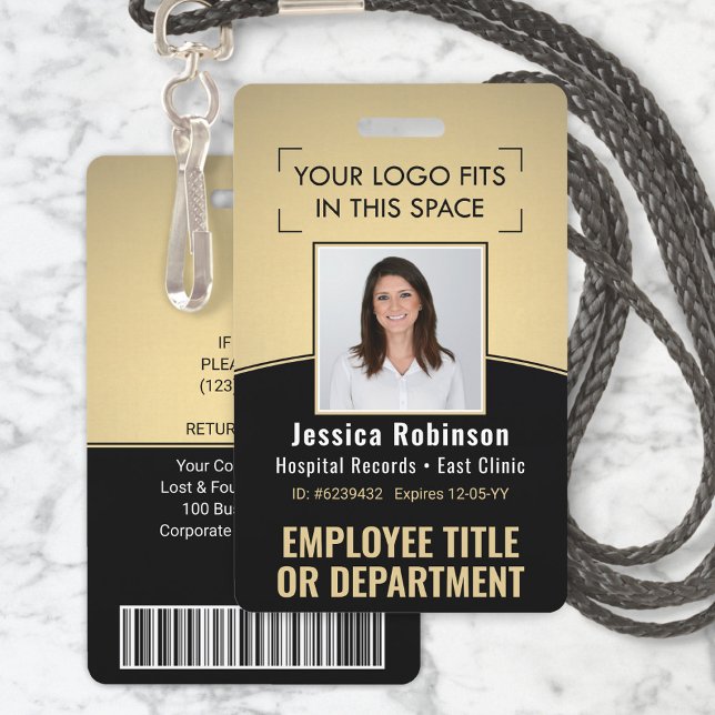 Employee Photo ID Barcode Logo Black & Gold Curve ID Badge (Creator Uploaded)