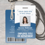 Employee Photo ID Barcode Logo Classic Blue Curve Badge<br><div class="desc">Represent your business in style by supplying staff with with modern and professional identification badges. The Logo, photo, bar code and all wording on this template are all simple to customise. The blue and white design features an ombre gradient background with an elegant curved arc, your company logo, one square...</div>