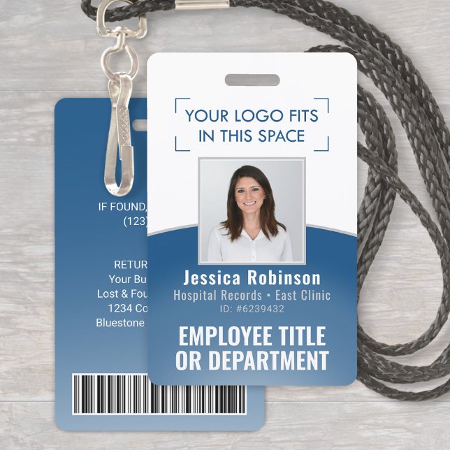 Employee Photo ID Barcode Logo Classic Blue Curve ID Badge (Creator Uploaded)
