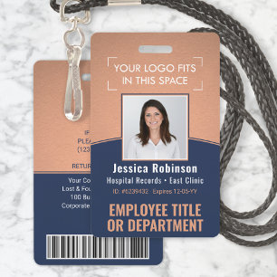 Employee Photo ID Barcode Logo Copper Navy Curve ID Badge