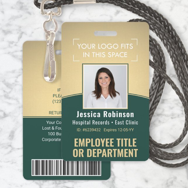 Employee Photo ID Barcode Logo Green & Gold Curve ID Badge (Creator Uploaded)