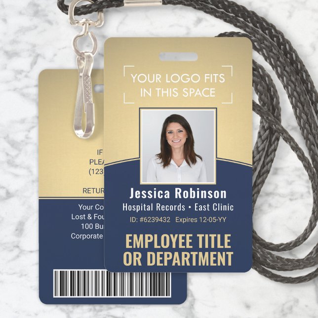 Employee Photo ID Barcode Logo Navy & Gold Curve ID Badge (Creator Uploaded)