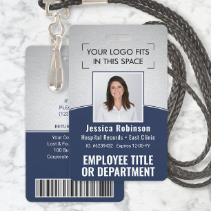 Employee Photo ID Barcode Logo Navy Silver Curve ID Badge