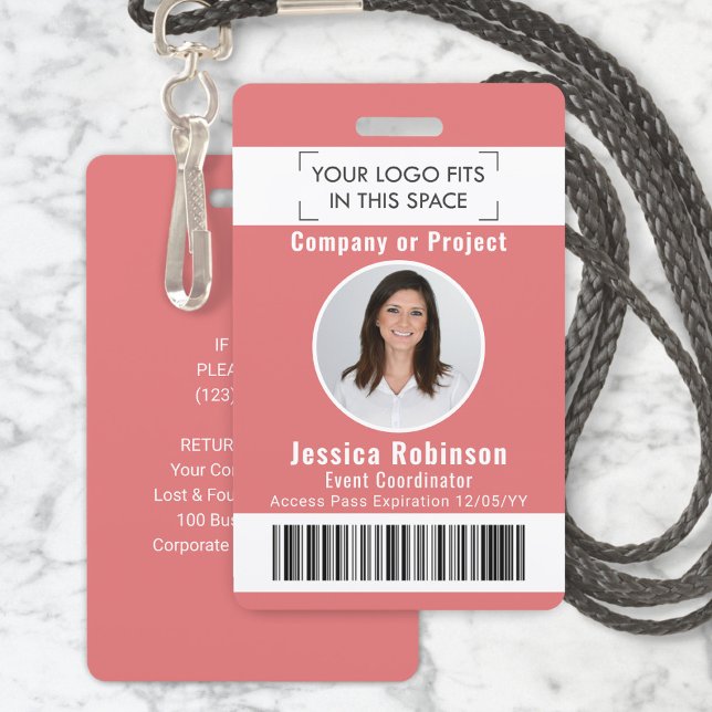 Employee Photo ID Barcode Logo Pink Access Pass Badge (Creator Uploaded)