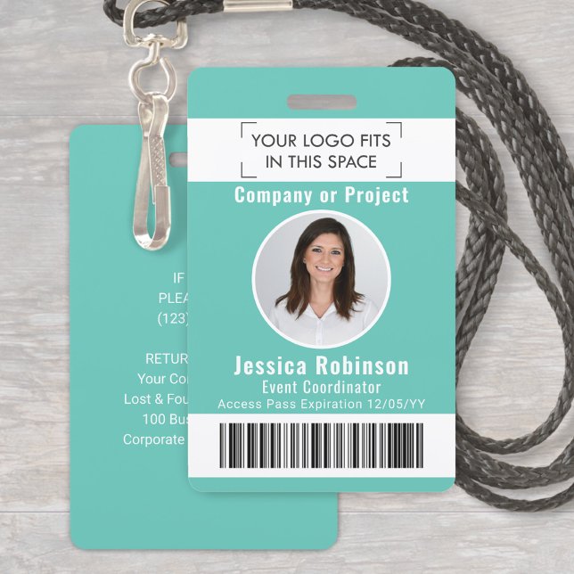 Employee Photo ID Barcode Logo Teal Access Pass ID Badge (Creator Uploaded)