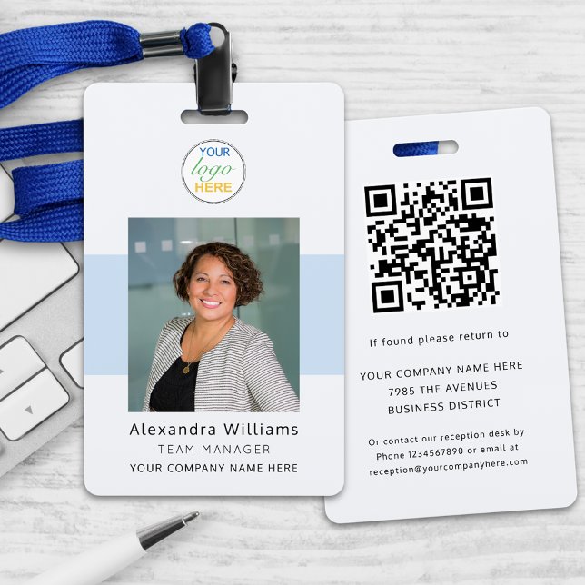 Employee photo ID Company Logo Security QR Code ID Badge (Custom employee photo id security badge with qr code and your logo here modern professional lanyard )
