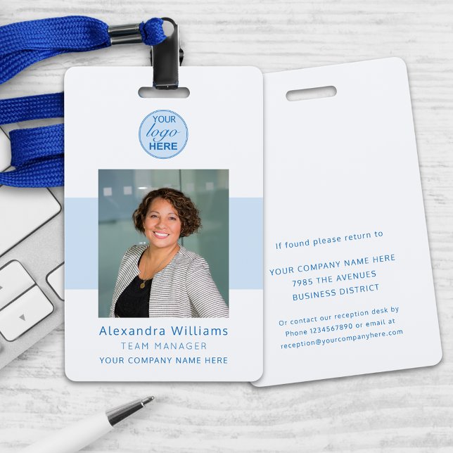 Employee photo ID Company Security Personalised  ID Badge (Modern your logo here employee photo id security badge Blue & muted gray modern professional lanyard)