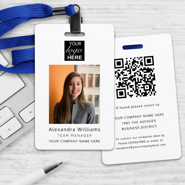 Employee photo ID Company Security QR Code ID Badge (Modern custom business employer photo ID security badge with qr code and name job title lanyard)