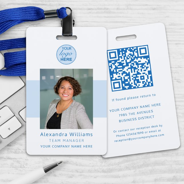 Employee photo ID Company Security QR Code ID Badge (Blue ad gray custom business photo id with qr code security badge Modern professional lanyard)