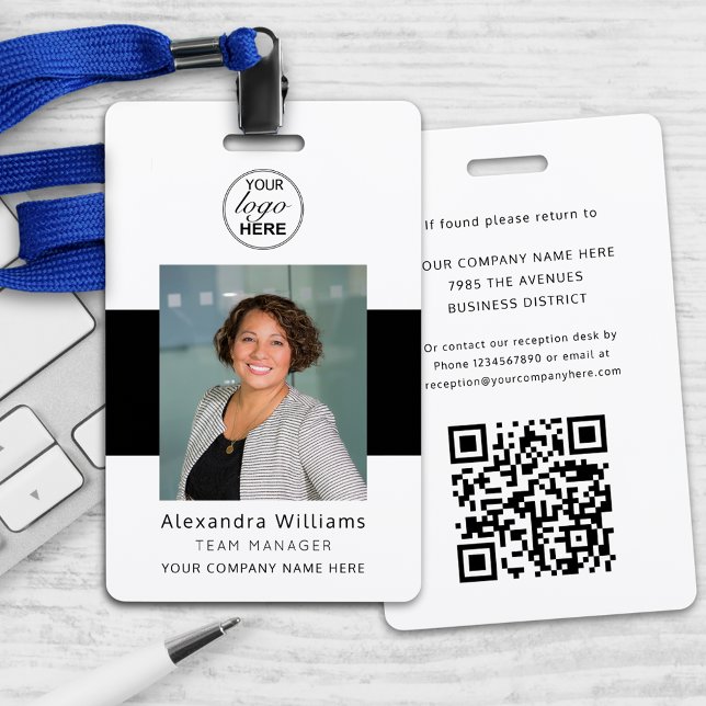 Employee Photo ID Corporate Logo QR Code Security Badge (Custom employee photo id with company logo with scannable qr code security badge Conference events)