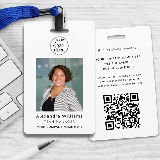 Employee Photo ID Corporate Logo QR Code Security Badge (Employee photo ID company logo and security QR code lanyard badge modern Black and white design)