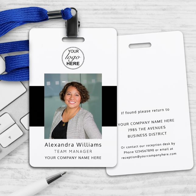 Employee Photo ID Corporate Logo Security ID Badge (Personalized employee photo id and company logo badge modern black and white Professional design )