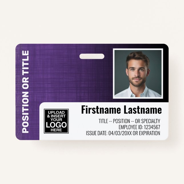 Employee Photo ID logo barcode modern linen purple ID Badge (Front)