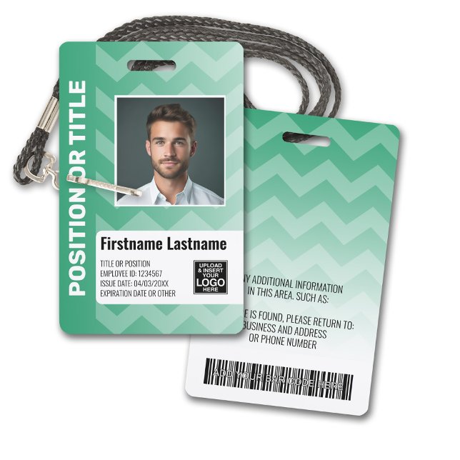 Employee Photo ID - modern chevron, logo bar code ID Badge (Plastic ID Badge - Customize with Employee Photo and Credentials. Green Chevron Pattern Accents)