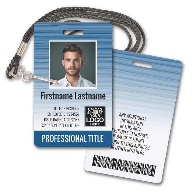Employee Photo ID - modern stripes, logo, bar code Badge (Plastic ID Badge - Customize with Employee Photo and Credentials. Blue Gradient Pattern Accents)