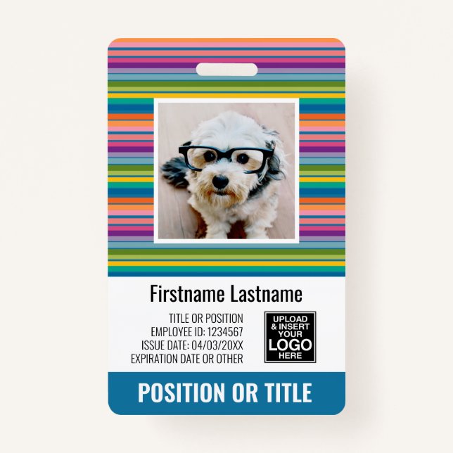 Employee Photo ID - modern stripes, logo, bar code ID Badge (Front)