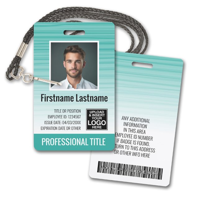Employee Photo ID - modern stripes, logo, bar code ID Badge (Plastic ID Badge - Customize with Employee Photo and Credentials. Teal Gradient Pattern Accents)