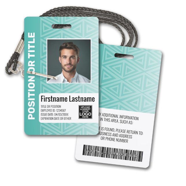 Employee Photo ID - modern tribal, logo bar code Badge (Plastic ID Badge - Customize with Employee Photo and Credentials. Teal Tribal Pattern Accents)