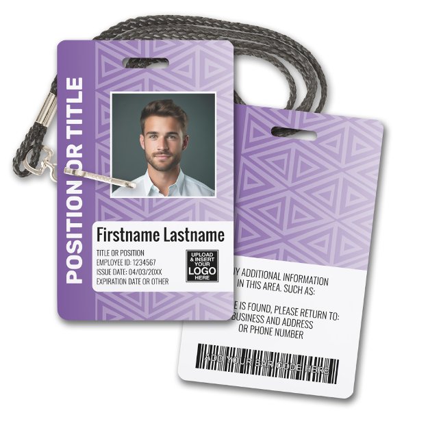 Employee Photo ID - modern tribal, logo bar code ID Badge (Plastic ID Badge - Customize with Employee Photo and Credentials. Purple Tribal Pattern Accents)