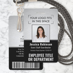 Employee Photo ID QR Barcode Logo Silver Black ID Badge