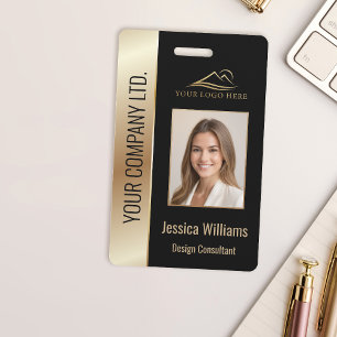 Employee Photo ID QR Barcode Your Logo Black Gold  ID Badge