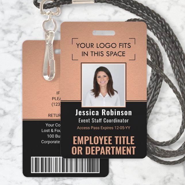 Employee Photo ID QR Barcode Your Logo Copper ID Badge (Creator Uploaded)