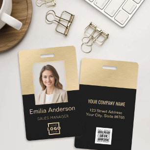 Employee Photo ID QR Code Logo Black Brushed Gold ID Badge