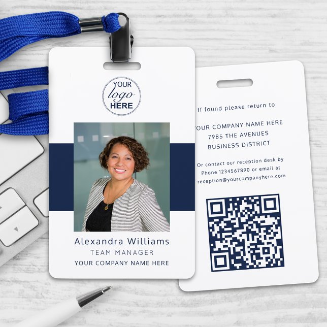 Employee Photo ID Your Logo Here QR Code Security ID Badge (Navy blue and white custom employee photo id company logo and qr code scan security badge lanyard)