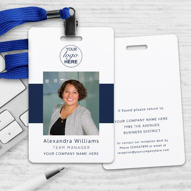 Employee Photo ID Your Logo Here Security ID Badge (Employee photo id company logo security badge modern navy blue and white )
