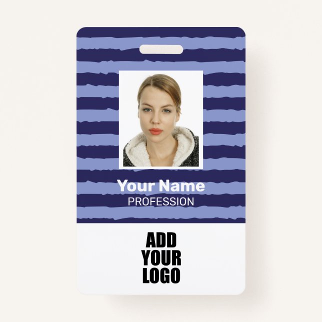 Employee Photo Logo & Barcode Blue Stripes Badge ID Badge (Front)