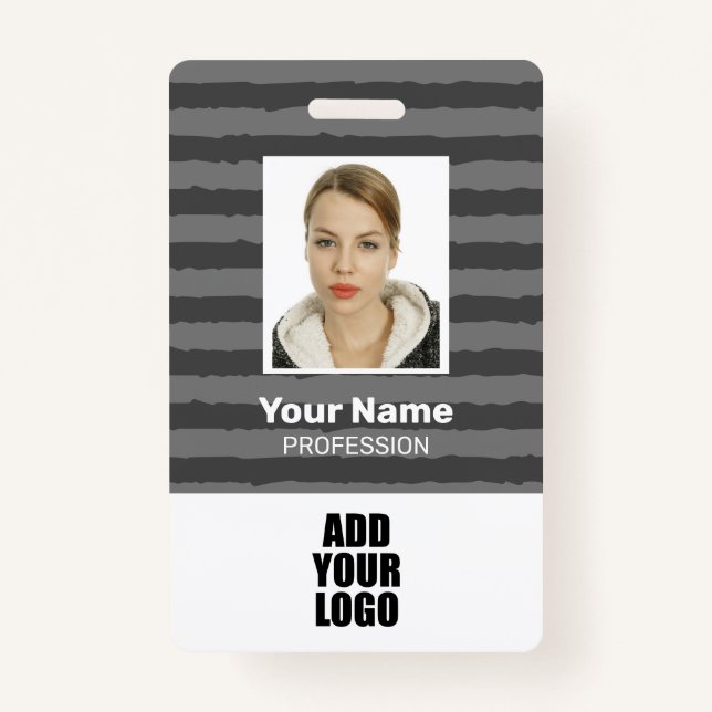 Employee Photo Logo & Barcode Grey Stripes  ID Badge (Front)