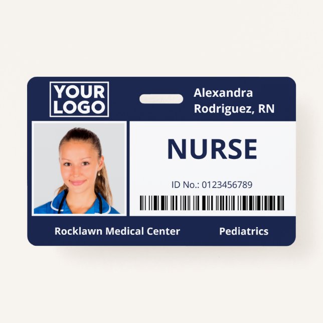 Employee Photo Logo Barcode Navy Blue Hospital ID ID Badge (Front)