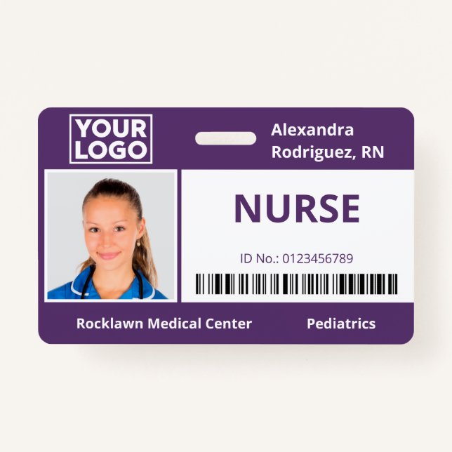 Employee Photo Logo Barcode Purple Hospital ID ID Badge (Front)