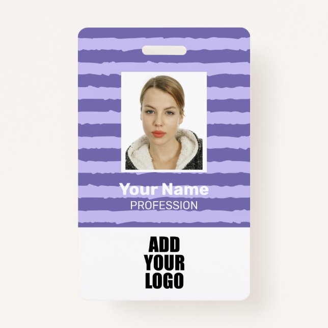 Employee Photo Logo & Barcode Purple Stripes ID ID Badge (Front)