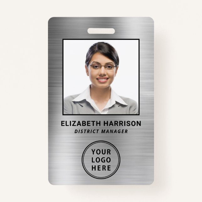 Employee Photo Logo QR Bar Codes Silver ID Badge (Front)