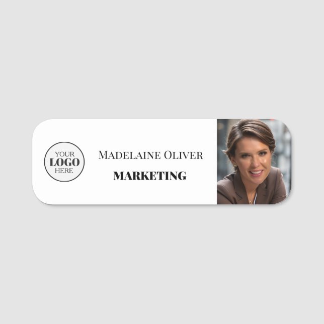  Employee Photo Logo White Simple Name Tag (Front)