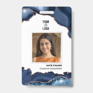 Employee Photo Modern Navy Blue Rose Gold Agate ID Badge