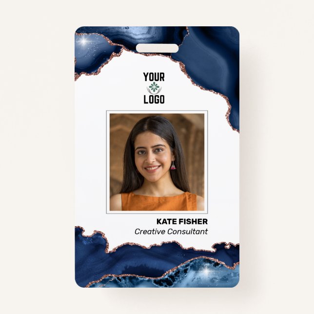 Employee Photo Modern Navy Blue Rose Gold Agate ID Badge (Front)