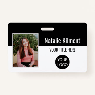 Employee Photo Name Logo Bar Code Black and White ID Badge