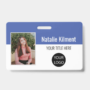 Employee Photo Name Logo Bar Code Blue and White ID Badge