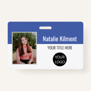 Employee Photo Name Logo Bar Code Blue and White ID Badge