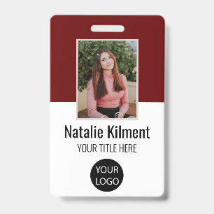 Employee Photo Name Logo Bar Code Dark Red Black ID Badge