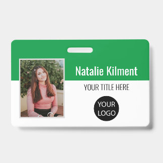 Employee Photo Name Logo Bar Code Green and White ID Badge