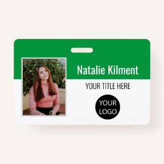 Employee Photo Name Logo Bar Code Green and White ID Badge