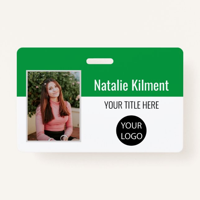 Employee Photo Name Logo Bar Code Green and White ID Badge (Front)