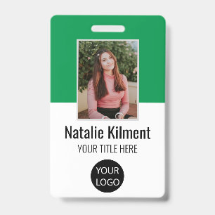 Employee Photo Name Logo Bar Code Green and White ID Badge