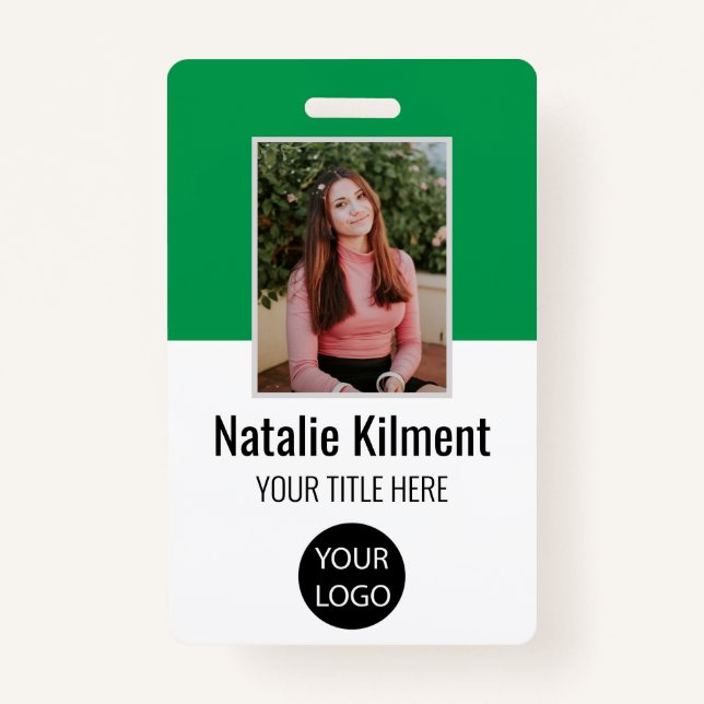 Employee Photo Name Logo Bar Code Green and White ID Badge (Front)