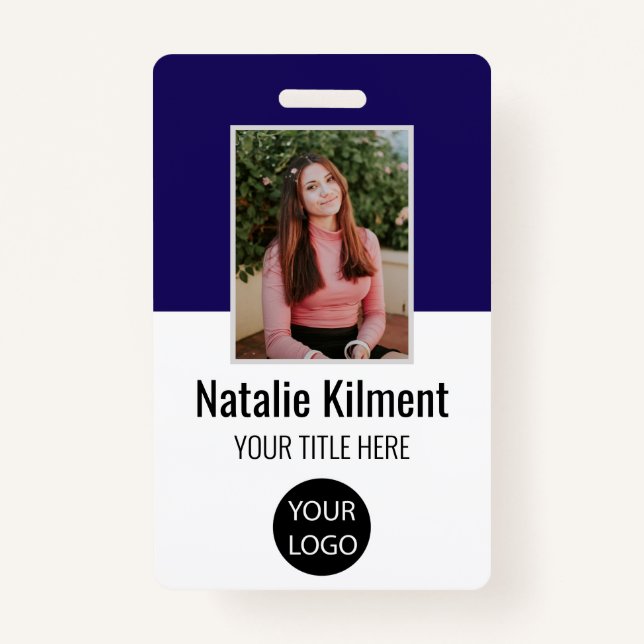 Employee Photo Name Logo Bar Code Navy Blue ID Badge (Front)