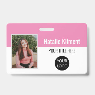 Employee Photo Name Logo Bar Code Pink and White ID Badge